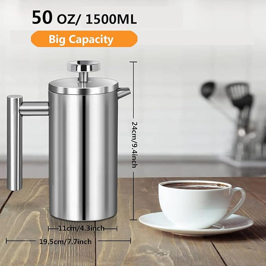 Stainless Steel French Press Coffee Maker 1500ml, Double-Wall Insulated Large French Coffee Press for travel camping๏ผLarge Capacity, ๏ผ50oz, Silver๏ผ