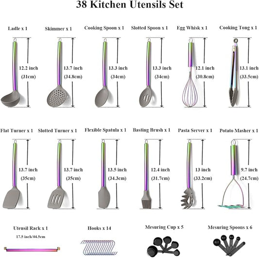 38 Piece Silicone kitchen Cooking Utensils Set with Utensil Rack, Silicone Head and Stainless Steel Handle Cookware, Kitchen Tools, Non-Stick kitchen Gadgets, Dishwasher Safe (Rainbow)