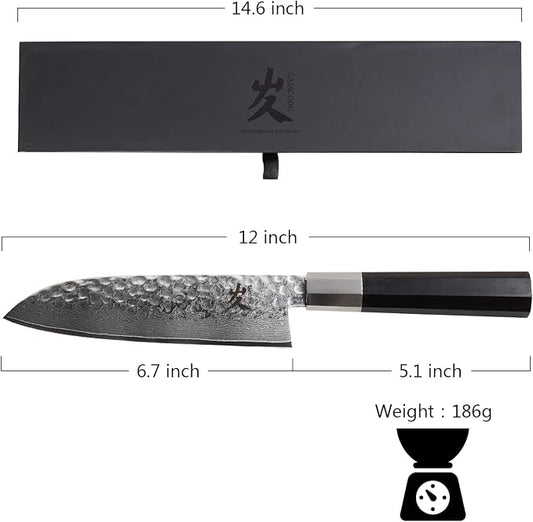 SAMCOOK Santoku Chef Knife - 7 Inch Professional Japanese Knife - VG10 Damascus High Carbon Stainless Steel Hammered Damascus Kitchen Knife - Ergonomic Octagonal Ebony Handle with Gift Box