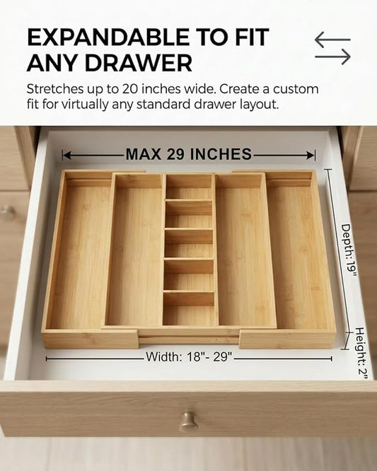 Expandable Bamboo Silverware Drawer Organizer, 5-7 Compartments | Expandable Design, 5-7 Compartments, Dual-Zone Storage, Natural Bamboo Construction, Easy Access Layout