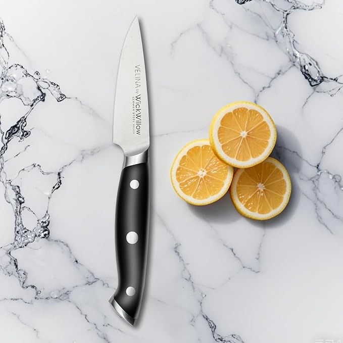 WICKWILLOW 3.5 Inch Paring Knife - Razor Sharp German Steel - Small Kitchen Knife for Home Cooks - Peeling, Trimming & Precision Work - Full Tang & Ergonomic Handle - Gift Box - Velina Series