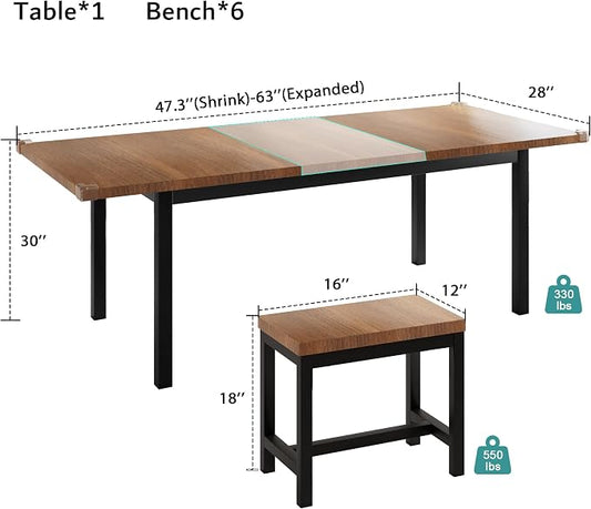 iPormis 7-Piece Dining Table Set with 6 Stools, 63" Extendable Kitchen Table Set for 4-8, Modern Dining Room Table with Sturdy Metal Frame, Space-Saving Dinette, Walnut