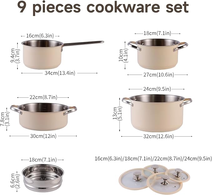 304 9pcs Stainless Steel Cookware Set, Kitchen Cookware Set,Beige High Temperature Ceramic Paint, Including 1 Milk Pot, 3 Different Sizes Of Stockpot, 1 Steam Tray, For All Stoves