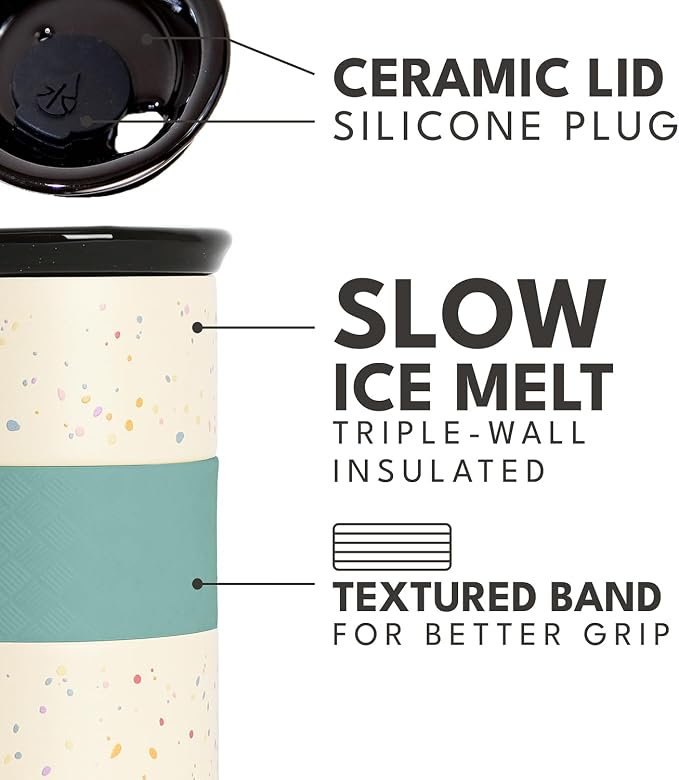 Elemental Artisan Insulated Tumbler, Triple Wall Coffee Travel Mug, Reusable Stainless Steel Coffee Tumbler with Ceramic Lid, Thermal Coffee Cups for Hot (6 Hrs) & Cold (18 Hrs), 16oz- Rainbow Speckle