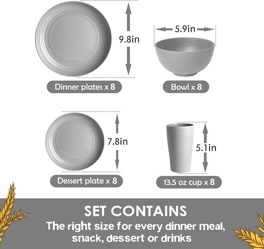 Teivio 32-Piece Kitchen Plastic Wheat Straw Dinnerware Set, Service for 8, Dinner Plates, Dessert Plate, Cereal Bowls, Cups, Unbreakable Colorful Plastic Outdoor Camping Dishes, Light Gray