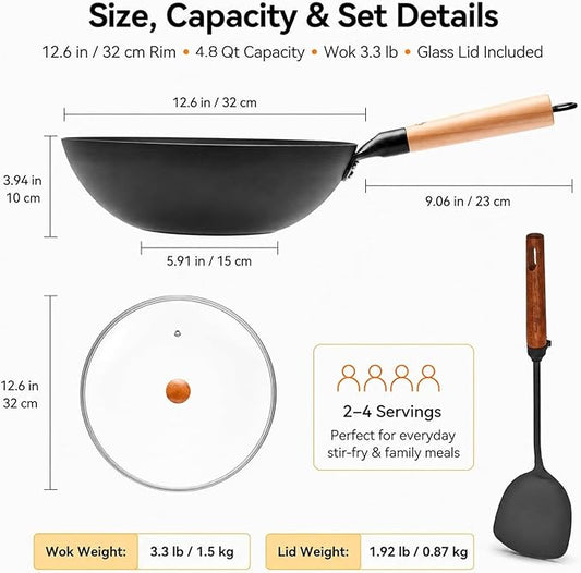 WANGYUANJI 12.6 Inch Carbon Steel Wok Pan with Glass Lid and Spatula, Nitrided Flat Bottom Wok Set, Uncoated Stir Fry Pan for 2-4 Servings, Gas, Electric, Ceramic and Induction Cooktops