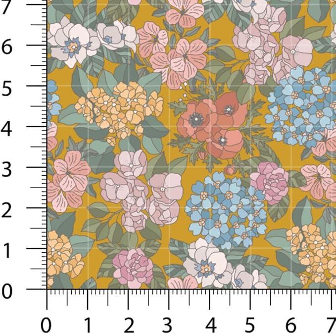 Patchwork Fabric Panel 100x155 cm, 100% Cotton Satin, 6 Coordinated Floral Botanical Patterns, Mustard Yellow & Dark Garden Quilting Fabric (Floral Symphony, 6pcs 50x50cm)
