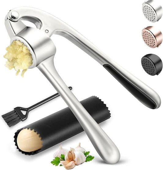 Kitchen Garlic Press, Rust Proof & Dishwasher Safe Garlic Mincer, Durable Garlic Crusher Set with Peeler&Brush, Easy to Clean and Squeeze, Matte
