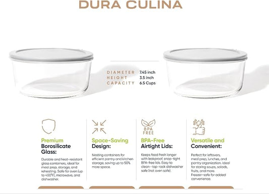 4-Piece Glass Food Storage Containers Set (2 Containers + 2 BPA-Free Lids) | 6.5-Cup, Leakproof | Microwave, Freezer, Oven & Dishwasher Safe | Ideal for Meal Prep & Pantry Organization, Grey