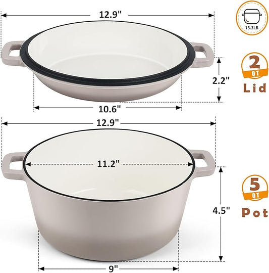 TeamFar 5 Quart Dutch Oven, 2 In 1 Enameled Cast Iron Dutch Oven Pot Cookware with Skillet Lid, for Bread Baking Braising Stewing Roasting, Sturdy & Nonstick, Oven Safe & Fit for Induction (Khaki)