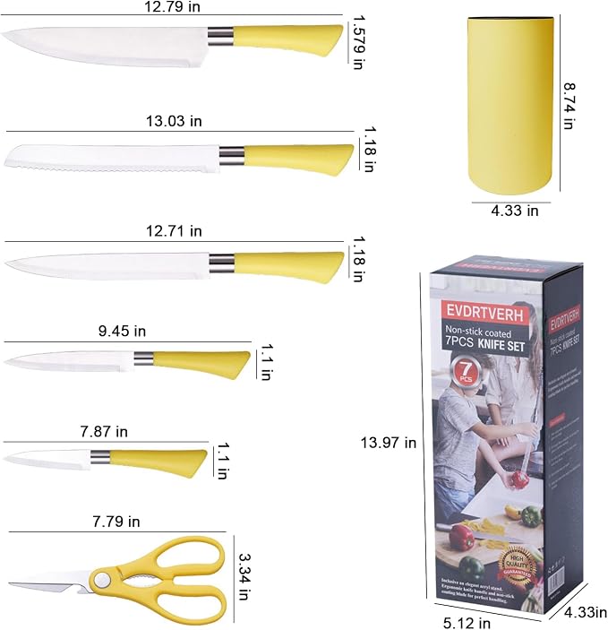 Kitchen Knife Set, 7 Pcs Yellow Cooking Knife Set with Round Block, Sharp Stainless Steel Knives Set for Kitchen with Ergonomic Handle, Professional Chef Knife Set for Home Family Restaurant (Yellow)