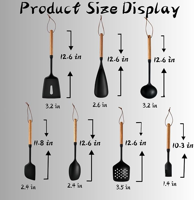 Exquisite Silicone Cooking Utensils Set - Non-Toxic, Heat-Resistant Kitchen Utensils Set with Food-Grade Silicone & Wood Handles - Includes Spatula & Spoon for Non-Stick Cookware, Black