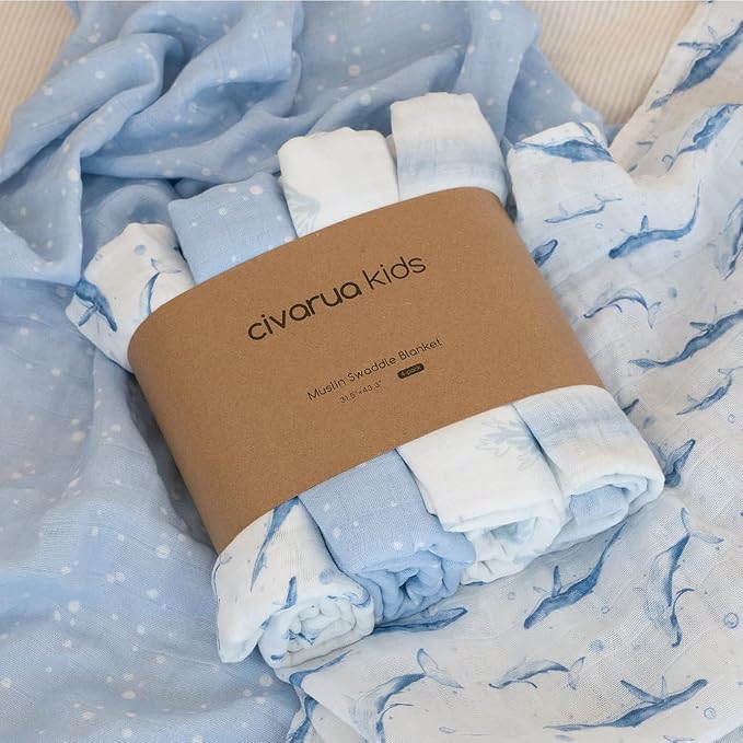 Muslin Swaddle Blankets for Newborn, 4 Pack Cotton Baby Blankets for Boys, Large 31.5 x 43.3 Breathable Soft Receiving Blanket, Essentials Swaddle Wrap Burping Clothes, Blue Whale