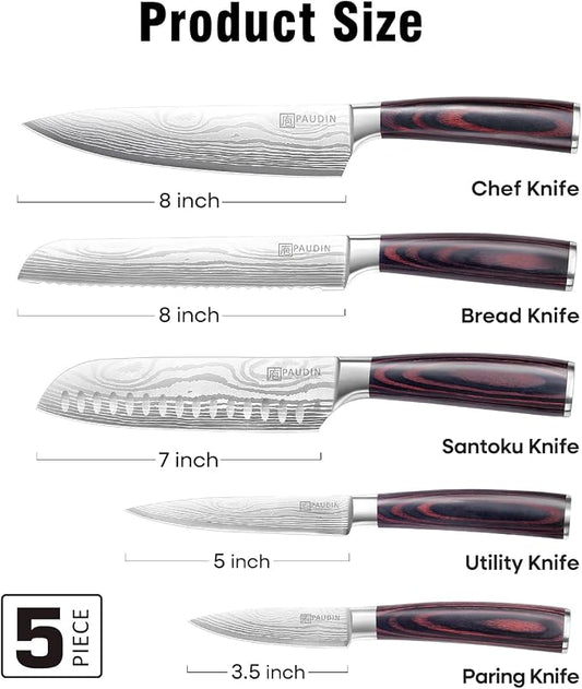 PAUDIN Knife Set, 5PCS Kitchen Knife Set without Block, Stainless Steel Chef Knife Set with Pakkawood Handle, Professional Kitchen Gift Sets for Cooking Lovers & Farther's Day
