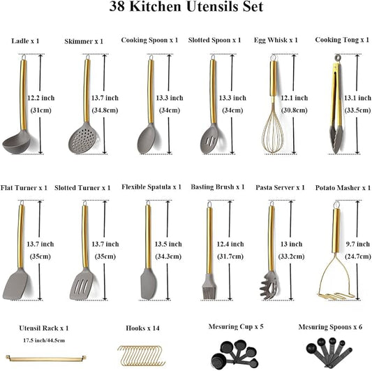 38 Piece Silicone kitchen Cooking Utensils Set with Utensil Rack, Silicone Head and Stainless Steel Handle Cookware, Kitchen Tools for Utensil Sets, Non-Stick kitchen Gadgets, Dishwasher Safe (Gold)