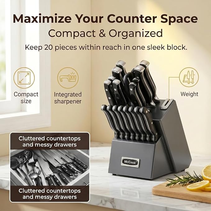 McCook® Knife Sets, German Stainless Steel Forged Kitchen Knives Block Set with Built-in Knife Sharpener