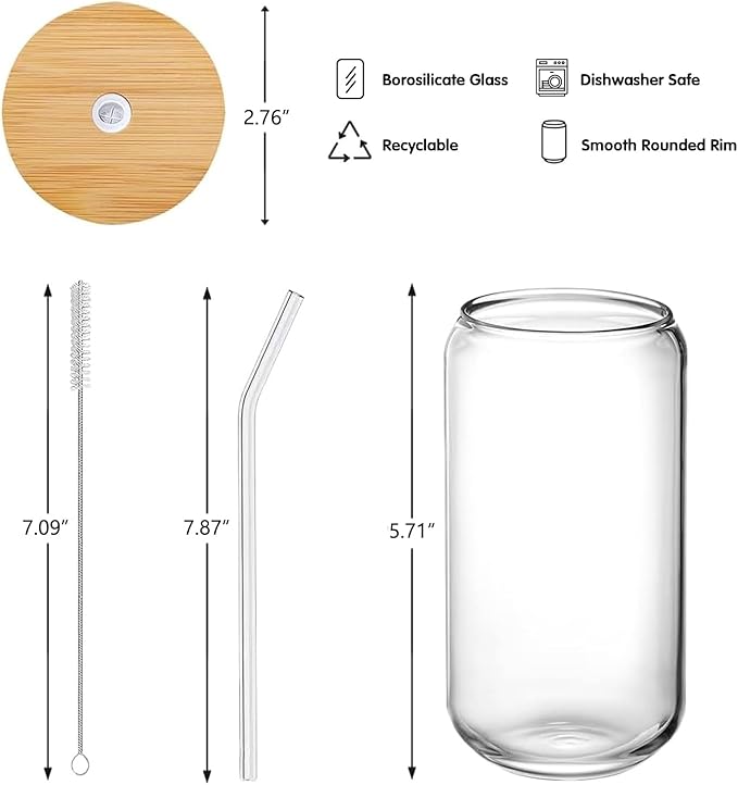 Glass Cups with Lids and Straws Set of 6, 16 oz Can Glasses with Bamboo Lids and Glass Straws, Iced Coffee Cups for Small Kitchens, Soda, Smoothies and Daily Drinks