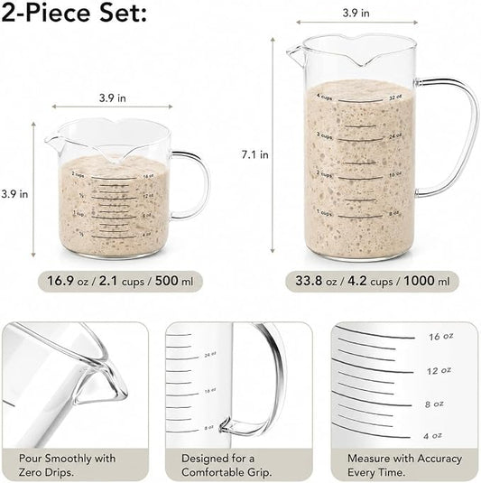 GENICOOK Sourdough Starter Jar Glass with Triple Spouts, 2 Pack Borosilicate Fermentation Measuring Cups (16.9oz & 33.8oz), Glass Containers for Dough Mixing, Starter Feeding & Baking, Microwave