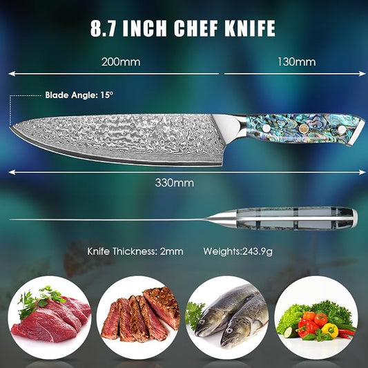 Home Safety Japanese Damascus Knife, Chef's Knife with Sharp 20cm Blade Made of 67 Layers of VG-10 Damascus Steel Kitchen Knife Damascus Carving Knife, Abalone Shell Handle, Gift Box
