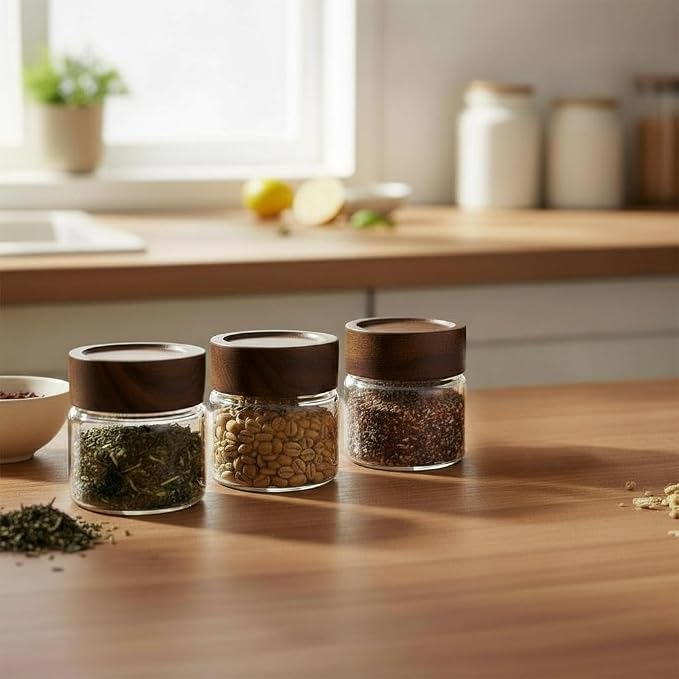 Wide Mouth Glass Storage Jars With 2.5" Acacia Wood Lids - 6 Pack of 4 Oz Food Storage Containers - Borosilicate Glass Canisters Sets For Kitchen - Pantry Organizers and Storage for Rice Coffee Beans