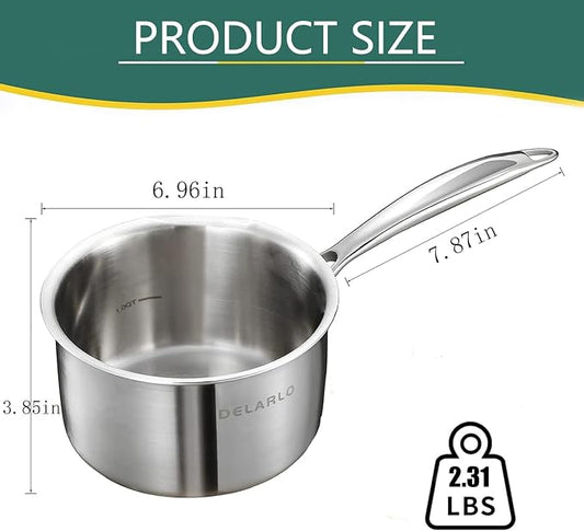 DELARLO Full-body Clad Tri-Ply Stainless Steel Small Brushed Saucepan With Lid, Induction Cooking Sauce Pot Pan, Heavy Duty Saucier Cookware, PFOA&PTFE Free(2 Quart)