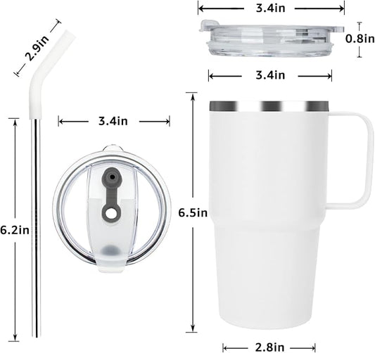 Sursip Insulated Coffee Mug with Handle and Lid, 24 oz Double Wall Vacuum Travel Thermal Coffee Tumbler with Straw for Home, Office Stainless Steel Coffee Cup - Leak proof, BPA Free (White-1 Pack)