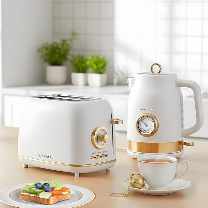 2-Slice Toaster, Wide Slots, 7 Bread Shade Settings, Stainless Steel, Bagel, Cancel, and Defrost Functions, Removable Crumb Tray, Retro Style Toaster,Matte White and Gold
