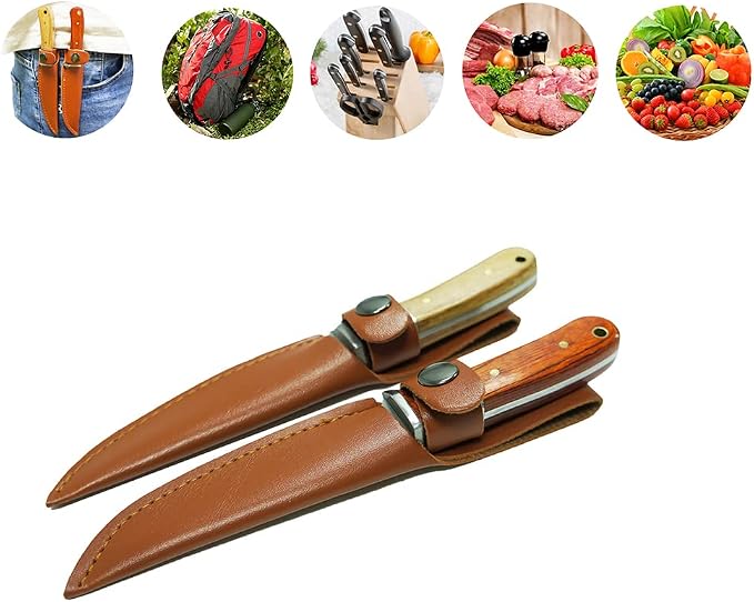 Two 3-Inch Super Sharp Knife with PU Protective Sleeve,High Carbon Steel Durable Portable Wooden Handle Knife for Outdoor,Picnics,Kitchen Cooking(Meat,Fruits,Vegetables,Seafood)