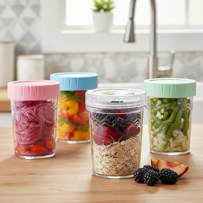 4-Pack 20oz Glass Jars with Lids, Mason Jars, BPA free Wide Mouth Glass Jars with Lids, Food Storage Containers for Snacks, Yogurt, Salad, Fridge, Meal Prep(Mixed color)