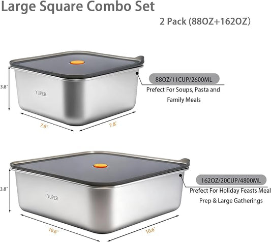 YUPER Stainless Steel Food Containers, Meal Prep Containers, Bacon Cheese Container for Refrigerator, Stainless Steel Containers with Lids Fruit Lunch Storage, 2 Pack (88+162OZ)