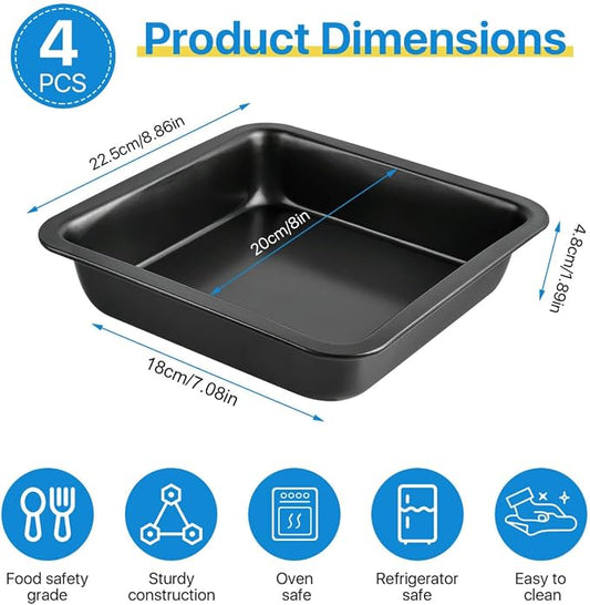 4 Pcs 8x8 Square Baking Pan, Carbon Steel Brownie Pans, Square Cake Pan for Baking Roasting Serving, Nonstick Cake Baking Pan, Square Bakeware for Cakes Lasagna Brownies