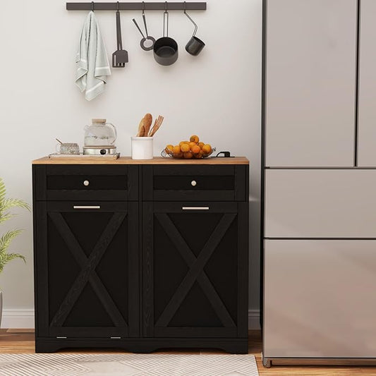 Giantex Kitchen Island with Tilt Out Trash Can Cabinet 10 Gallon, Power Outlet, 2 Drawers, Adjustable Shelves, Hidden Storage Garbage Bin Cabinet for Dining Room Laundry Room (Black+Walnut)