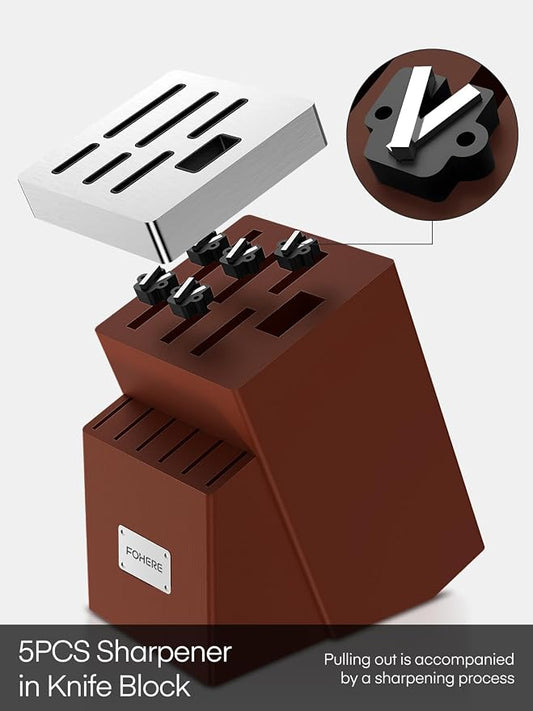 Knife Set, FOHERE 14 Pieces Self Sharpening Knife Block Set, Waved Pattern High Carbon Stainless Steel Knife Set, Rust & Stain Resistant Kitchen Knives and Triple Riveted Handle, Reddish Brown