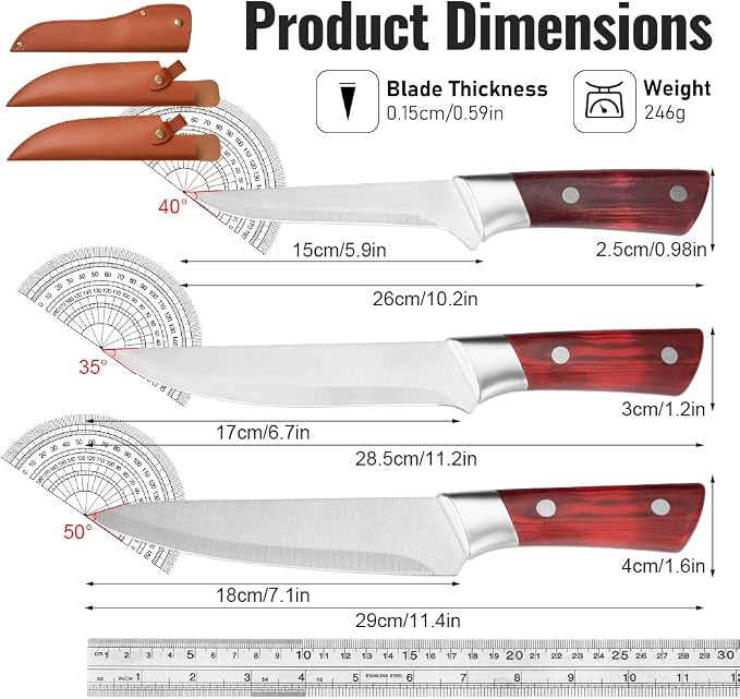 Premium 3PCS Boning Knife Set, Stainless Steel Kitchen Knife Set with Sheath, Ultra-Sharp Chef Knife Set for Meat, Fish, Fruit, Camping & Outdoor Cooking, Comfortable Grip