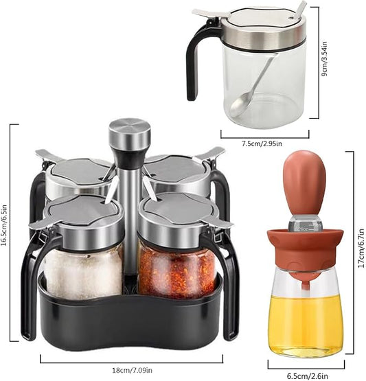 Revolving Condiment Pots Sugar Bowl Salt & Pepper Cellar with Lid and Spoon, Set of 4 Seasoning Box Spice Jar with 360 Rotating Tray for Kitchen, 2 Pots+2 Oil Dispenser Bottles