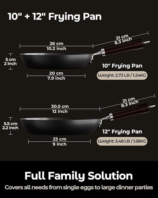 2-Piece Auto-Seasoning Carbon Steel Pan Set 10 & 12 Inch, Deep Nitrided Skillets Professional Cookware Bundle, Pre-seasoned, Wooden Handle, PFAS & PFOA-Free