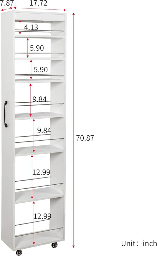 Slim Rolling Storage Cart, 7-Tier Pull-Out Spice Rack with Handle & Wheels, Narrow Kitchen Organizer for Next to Fridge, Pantry, Laundry Room, 7.87 Inch Wide Space Saver (White, Exposed Wheels)