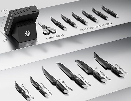 Knife Set - 15 PCS Kitchen Knife Set with Built-in Knife Sharpener Block - Stainless Steel Knife Block Set - Dishwasher Safe, Elegant Box for Men Women, Fathers day, White
