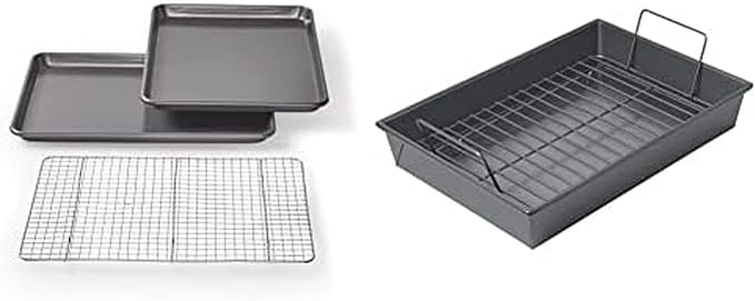 Chicago Metallic Professional Non-Stick Cookie/Jelly-Roll Pan Set with Cooling Rack, 17-Inch-by-12.25-Inch & Professional Roast Pan with Non-Stick Rack, 13-Inch-by-9-Inch, Gray