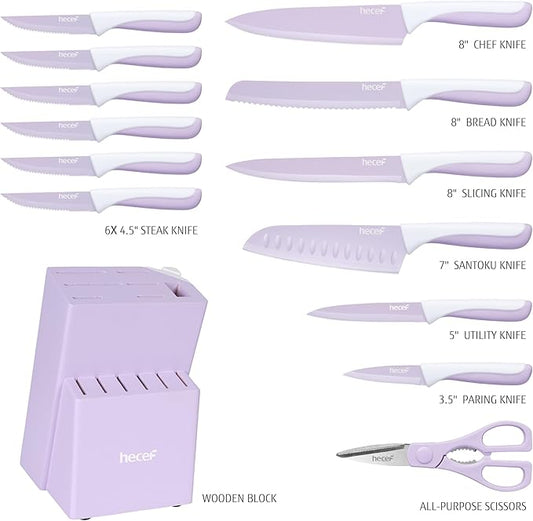 hecef 15 Pieces Kitchen Knife Set with Built-in Sharpening Wooden Block, Dishwasher Safe, High Carbon Stainless Steel Knife Block Set with Steak Knives, Kitchen Scissors, Purple