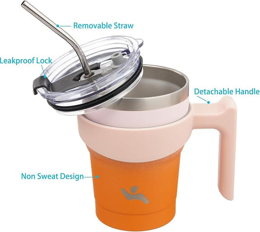 Konokyo 10 oz Tumbler with Handle and 2 Straw 2 Lid, Insulated Water Bottle Stainless Steel Vacuum Cup Reusable Travel Mug,Coral