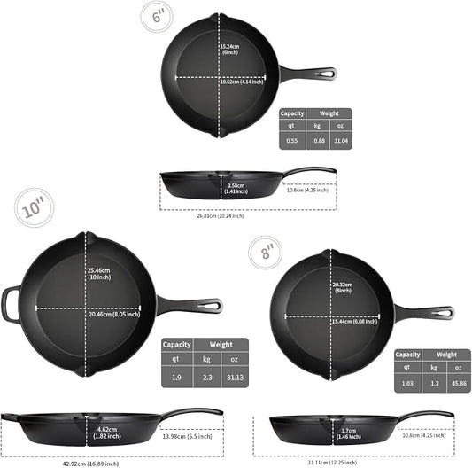 Cast Iron Skillet Set of 3 (6" 8" 10"), Pre-Seasoned | Lighter-weight starter set: 6" individual, 8" breakfast, 10" everyday. No lids. Induction & oven safe. Beginner-friendly.