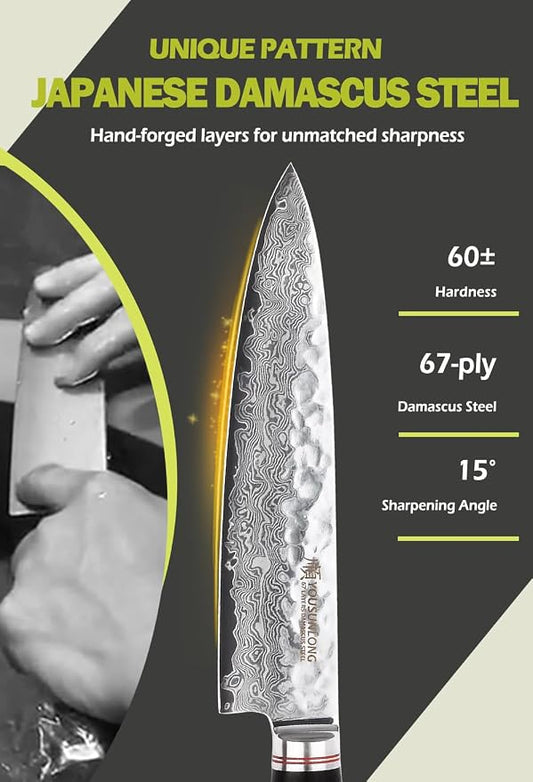 YOUSUNLONG Chef's Knife - 8 Inch Gyuto Kitchen knives - Razor Sharp Knife - Japanes Hammered Damascus Steel - Natural Ebony Handle with Leather Sheath