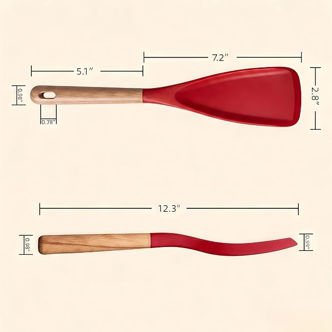 Silicone Cooking Spoon & Spoonula Spatula for Nonstick Cookware, Heat Resistant 600°F Kitchen Utensil, BPA-Free Food-Grade, Solid Wood Handle, Serving Scraping Scooping Stirring (Black & Red,)