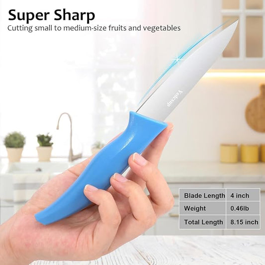 4-Piece Colored Paring Knife Set, 3.7 Inch Stainless Steel Sharp Fruit Vegetable Peeling Knives with Ergonomic Anti-Slip Large Handle, Small Kitchen Utility Knife for Daily Meal Prep, Assorted