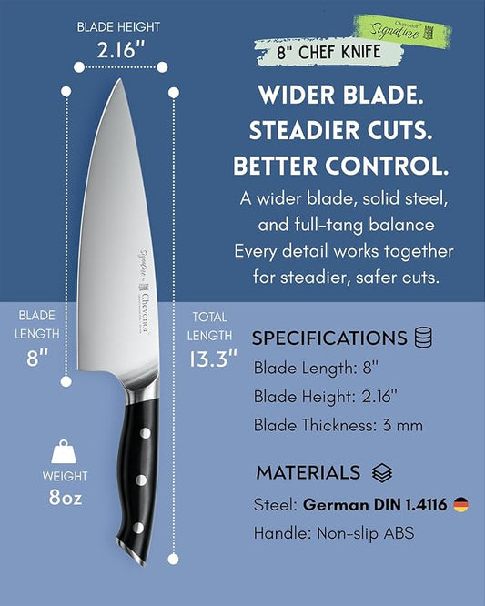 8 Inch Professional Chef Knife, 2.16" Extra Wide Blade German Steel DIN 1.4116, 3mm Thick Ultra Sharp Kitchen Knife with Full Tang Handle & Gift Box |Signature