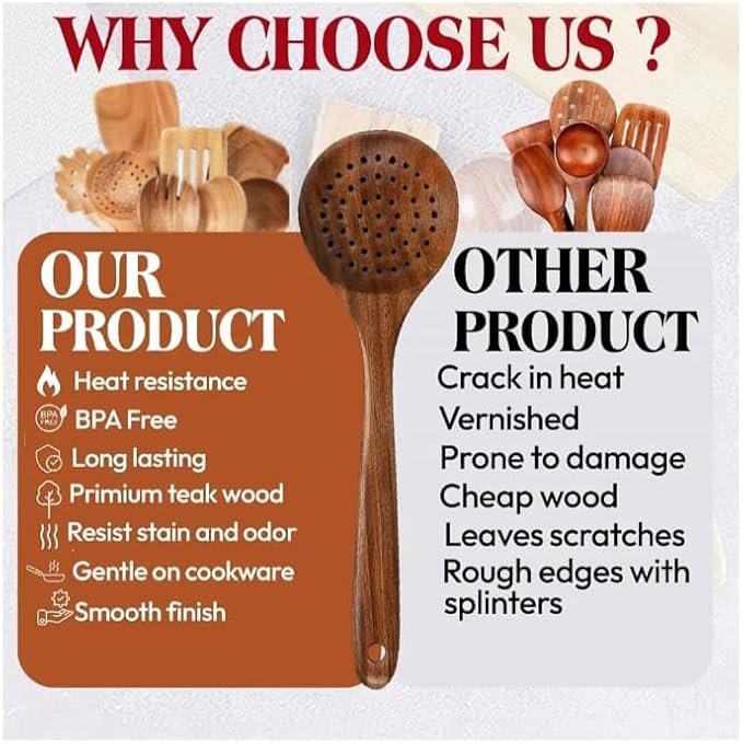wooden Spoon 7 pics for Cooking - Smooth Finish Teak Woooden utensils for cooking- soft comfort-grip wood spoon for cooking-non-stick wooden cooking utensils- wooden spoon sets