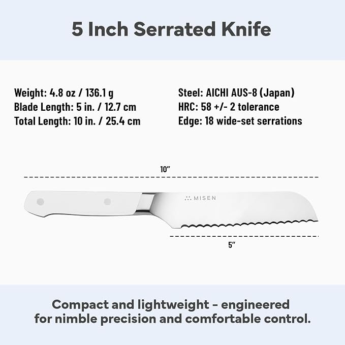 Misen Serrated Bread Knife - High-Carbon Japanese AUS8 Steel - Perfect for Soft Foods, Bread, Pastries, and Fruits - Verstatile Slicer, Razor-Sharp Edge, Durable Blade, Ergonomic Handle - 5", White