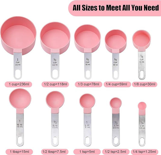 Measuring Cups and Spoons Set, 10-Piece Stackable Kitchen Tools with Stainless Steel Handles, Nesting Measurement Gadgets for Cooking & Baking (pink)