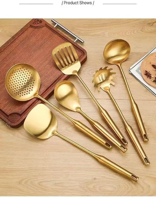 Premium 7-Piece Gold Kitchen Utensil Set with Stand, Stainless Steel Cooking Tools- Dishwasher Safe Ladle, Spoon, Spatula, Pasta Fork, Luxury Brass Kitchen Accessories for Home Chefs (Gold)